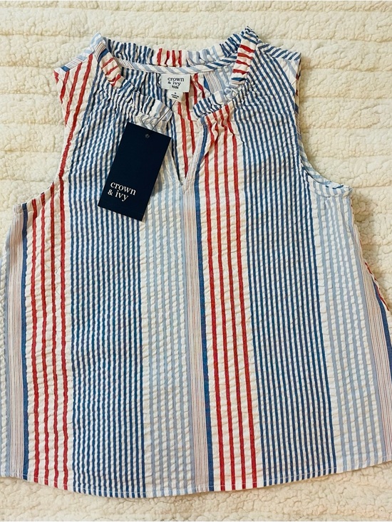 crown & ivy Other - crown & ivy Red, Navy & Light Blue Vertical Stripe Seersucker Top